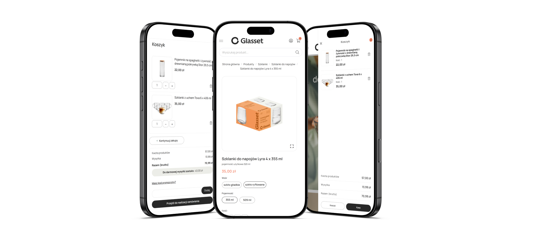 Mobilny widok sklepu Glasset z kategoriami szkła